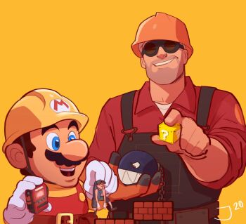 3boys ?_block black_overalls blouse blu_scout_(tf2) builder_mario chain_chomp collared_shirt commentary crossover dispenser_(tf2) engineer_(tf2) english_commentary facial_hair flapdoodlez giant goggles hard_hat helmet holding_person male_focus mario mario_(series) multiple_boys mustache nintendo overalls red_engineer_(tf2) red_overalls red_shirt scout_(tf2) shirt simple_background size_difference smile super_mario_maker team_fortress_2 teeth upper_teeth_only yellow_background yellow_shirt