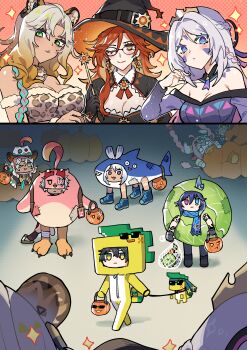 Rule 34 | 3boys, 6+girls, ;), absurdres, ajaw (genshin impact), ajaw (genshin impact) (cosplay), animal ears, bespectacled, black hat, blonde hair, blue eyes, blue scarf, breasts, cacucu (genshin impact), cacucu (genshin impact) (cosplay), citlali (genshin impact), cleavage, cosplay, dark-skinned female, dark skin, facial mark, fedora, forehead mark, genshin impact, glasses, green eyes, grey hair, hand up, hat, highres, ifa (genshin impact), ifa (genshin impact) (cosplay), jaguar ears, kachina (genshin impact), kinich (genshin impact), large breasts, leash, long hair, long sleeves, looking at viewer, mavuika (genshin impact), mualani (genshin impact), multiple boys, multiple girls, o o, off-shoulder shirt, off shoulder, one eye closed, orange eyes, ororon (genshin impact), pink hair, pumpkin, red hair, sakana (fishchunk), scarf, shirt, smile, tiara, upper body, varesa (genshin impact), white hat, witch hat, xilonen (genshin impact)