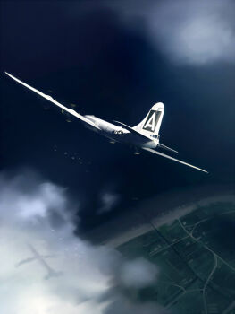 aircraft airplane b-29 b-29_superfortress beach bird cloud landscape no_humans original seo_tatsuya sky snow town vehicle_focus