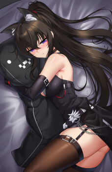 1girl :t absurdres animal_ear_fluff animal_ears arm_belt bare_shoulders bed bed_sheet belt black_belt black_dress black_gloves black_hair blush body_pillow breasts brown_thighhighs chain chest_belt closed_mouth commentary_request counter:side dress elbow_gloves elze_(s01047480836) extra_ears from_above from_side garter_straps gloves hair_between_eyes hair_tie highres hugging_object korean_commentary large_breasts long_hair looking_at_viewer lying machine-g.a.p. on_side pillow pillow_hug ponytail pout purple_eyes sideboob sidelocks solo thighhighs thighs very_long_hair wolf_ornament yoo_mina