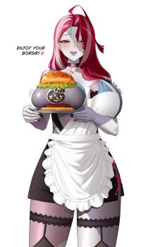1girl absurdres ahoge apron black_nails breast_burger breasts commentary dino_tokino english_commentary english_text frilled_thigh_strap grey_hair heart heterochromia highres hololive hololive_indonesia huge_ahoge long_hair motion_lines multicolored_hair open_mouth red_hair sallie_(kureiji_ollie) solo stitched_face stitched_leg stitched_torso stitches streaked_hair symbol-shaped_pupils thigh_strap twitter_username virtual_youtuber white_apron yellow_eyes
