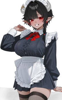 Rule 34 | 1girl, :d, absurdres, apron, black dress, black hair, black thighhighs, bow, bowtie, breasts, dress, earrings, grin, highres, horns, jewelry, kono (xerondan321), large breasts, looking at viewer, maid apron, maid headdress, nail polish, open mouth, original, pointy ears, red bow, red eyes, red nails, short hair, simple background, smile, solo, stud earrings, thighhighs, white background