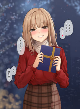 Rule 34 | 1girl, absurdres, blonde hair, box, breasts, brown hair, brown skirt, christmas, commentary request, eyes visible through hair, gift, gift box, heart, highres, holding, holding gift, large breasts, long hair, mole, mole under eye, original, papino, plaid clothes, plaid skirt, red sweater, skirt, smile, solo, speech bubble, spoken heart, sweater, sweater tucked in, translation request