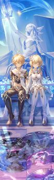 1boy 1girl absurdres aether_(genshin_impact) ahoge arm_armor bare_shoulders black_gloves black_pants black_shirt blonde_hair boots breasts brother_and_sister cleavage closed_eyes closed_mouth commentary_request cropped_shirt detached_sleeves different_reflection dress earrings evil_grin evil_smile feather_hair_ornament feathers flower genshin_impact gloves grin hair_flower hair_ornament highres holding_hands impersonation jewelry light_frown light_smile lumine_(genshin_impact) medium_breasts midriff night night_sky on_bench outdoors pants puddle railing reflection reflective_water rerir_(genshin_impact) shirt shooting_star short_hair short_hair_with_long_locks siblings side-by-side single_earring sitting sky smile statue thigh_boots twins white_boots white_dress yuno_kaihara