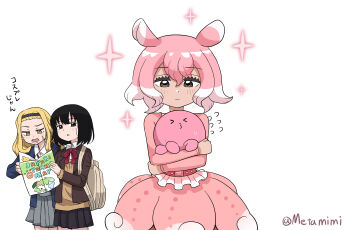 &gt;3&lt; 3girls artist_name belt black_hair blonde_hair brown_eyes carrying closed_mouth collared_shirt commentary_request crossover fins flying_sweatdrops head_fins headband highres holding holding_map jacket japanese_pancake_devilfish_(kemono_friends) kemono_friends kirarazaka_marina kuze_shizuka long_hair long_sleeves looking_at_another map map_(object) metamimi miniskirt multicolored_hair multiple_girls open_clothes open_jacket open_mouth parted_lips pink_hair pleated_skirt shirt short_hair simple_background skirt sparkle sweater_vest takopii takopii_no_genzai tan translation_request two-tone_hair white_background white_hair wing_collar yellow_eyes