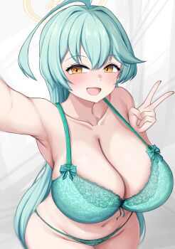 1girl :d absurdres ahoge aqua_hair arm_up armpits bare_shoulders blue_archive bra breasts cleavage collarbone curvy female_focus from_above green_bra green_panties halo hand_up highres huge_ahoge huge_breasts lace lace_bra lace_panties long_hair mukae_gou navel open_mouth outstretched_arm panties selfie shiny_skin smile solo standing taking_picture underwear underwear_only v very_long_hair white_background wide_hips yellow_eyes yellow_halo yume_(blue_archive)