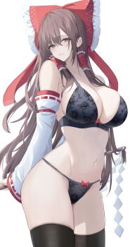 1girl 7saki absurdres black_bra black_panties black_thighhighs bow bra breasts brown_eyes brown_hair cleavage commentary_request detached_sleeves gohei hair_bow hair_tubes hakurei_reimu highres holding holding_gohei large_breasts long_hair looking_at_viewer navel panties red_bow simple_background solo thighhighs touhou underwear white_background white_sleeves