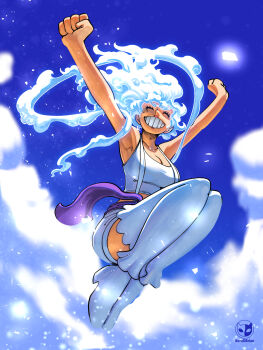 1boy 1girl alternate_form blue_sky borudbrian breasts clenched_hands closed_eyes cloud cloud_hair cloudy_sky curvy day full_body gear_fifth genderswap genderswap_(mtf) glowing happy jewelry_bonney large_breasts legs_together long_hair one_piece outdoors outstretched_arms piercing sky smile solo wide_hips