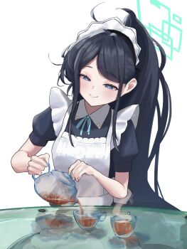 1girl absurdres apron aris_(blue_archive) aris_(maid)_(blue_archive) black_dress black_hair blue_archive blue_eyes blue_ribbon bright_pupils closed_mouth collared_dress commentary_request cup dress glass_table glass_teapot green_halo halo highres long_hair maid maid_apron maid_headdress neck_ribbon onesome_qbeta parted_bangs ponytail pouring puffy_short_sleeves puffy_sleeves rectangular_halo ribbon short_sleeves simple_background smile solo table tea teacup teapot upper_body very_long_hair white_apron white_background white_pupils