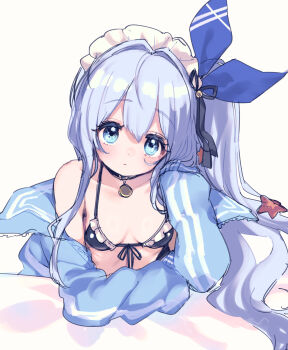 1girl anchor_(innocent_maid)_(nikke) anchor_(nikke) blue_eyes blush bra breasts fummy goddess_of_victory:_nikke highres jacket jewelry loli long_hair looking_at_viewer necklace ponytail side_ponytail sketch small_breasts underwear white_background white_hair
