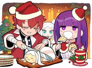 Rule 34 | 1boy, 2girls, aura (sousou no frieren), bandaged arm, bandages, blunt bangs, border, candle, capelet, character-themed food, christmas ornaments, christmas tree, closed eyes, coat, commentary request, cup, cutting board, dress, drooling, eating, fern (sousou no frieren), food, food on face, frieren, fur-trimmed capelet, fur trim, gashi-gashi, green eyes, hair between eyes, hat, holding, holding knife, hot chocolate, knife, light blush, mistletoe, mouth drool, multiple girls, party hat, purple eyes, purple hair, red capelet, red coat, red hair, santa hat, short hair, smile, sousou no frieren, stark (sousou no frieren), twintails, white border, white dress, white hair