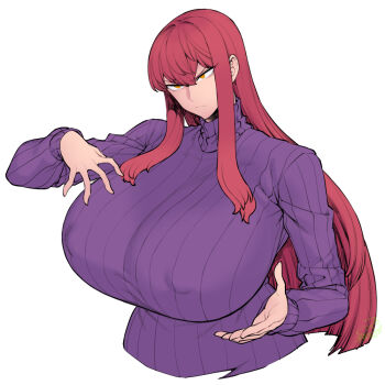 1girl biriri_(spacezin) breasts commentary_request covered_erect_nipples cropped_torso curvy gen_1_pokemon huge_breasts impossible_clothes impossible_sweater long_hair long_sidelocks nintendo original personification pokemon red_hair ribbed_sweater sidelocks signature solo spacezin sweater tsurime turtleneck turtleneck_sweater voltorb white_background yellow_eyes