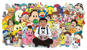 6+boys 6+girls :d ^_^ absurdres animal appleq apron baseball_cap beanie bear bird black-framed_eyewear black_bow black_bowtie black_footwear black_headwear black_pants blue_eyes blue_hair blue_headwear bodysuit bow bowtie brown-tinted_eyewear brown_eyes brown_hair cat character_request check_character check_copyright chef_hat clenched_hand closed_eyes collared_shirt commentary_request copyright_request crazy_straw crossed_arms cup dark-skinned_male dark_skin dog dress drink drinking_glass drinking_straw fangs feathered_wings finger_to_mouth floral_print flying_sweatdrops food fukutomi_shinbei glasses green_headwear grey_eyes grin hat head_wings headband hemuhemu highres holding holding_spoon hotch_potch_station house ice ice_cube inadera_rantarou kappa lightning_bolt_symbol long_sleeves monkey mouse_(animal) multiple_boys multiple_girls mushroom nhk_(broadcaster) notice_lines open_mouth outie_navel pants penguin pink_dress pink_shirt print_dress pudding puffy_short_sleeves puffy_sleeves purple_hair rakudai_ninja_rantarou red_eyes red_hair red_headwear round_eyewear semi-rimless_eyewear settsuno_kirimaru shadow shirt shoes short_sleeves simple_background sitting sleeveless sleeveless_shirt smile snail spatula spoon stretchman sunglasses suspenders tinted_eyewear tsukutte_asobo under-rim_eyewear v-shaped_eyebrows white_background white_headband white_headwear white_shirt white_wings wide_sleeves winding_key wings x_navel yellow_apron yellow_bodysuit