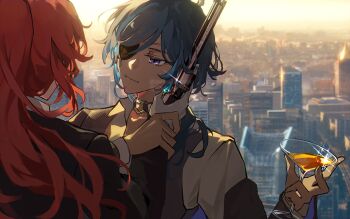 Rule 34 | 2boys, blue eyes, blue hair, cocktail glass, commentary request, cup, dark-skinned male, dark skin, diluc (genshin impact), drinking glass, earrings, eyepatch, genshin impact, gun, hair over shoulder, holding, holding gun, holding weapon, inseki, jewelry, kaeya (genshin impact), long hair, low ponytail, male focus, mochuuuuuuu, multiple boys, one eye covered, ponytail, red hair, single earring, smile, step-siblings, weapon