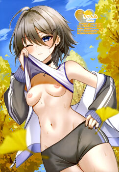 1girl absurdres ahoge artist_name black_choker black_hair black_nails black_shorts blue_eyes blue_sky breasts breasts_apart chan'nu choker closed_mouth clothes_lift covered_groin cowboy_shot day dengeki_moeoh dutch_angle ear_piercing earrings falling_leaves groin hair_between_eyes hair_ornament hairclip hand_on_own_hip highres jacket jacket_partially_removed jewelry leaf lifting_own_clothes light_blush looking_ahead magazine_scan mole mole_under_eye nail_polish navel nipples no_bra open_clothes open_jacket original outdoors parallel_hairclips pendant_choker piercing scan shirt_lift short_hair short_shorts shorts skull_earrings sky small_breasts solo stomach sweat tank_top third-party_source translation_request tree white_tank_top wiping_sweat wiping_with_clothes yellow_leaves