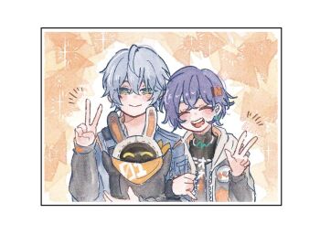 arm_hug bandana bandana_around_neck bangboo_(zenless_zone_zero) belle_(zenless_zone_zero) black_shirt blue_hair blue_jacket blush border brother_and_sister cazzz100 closed_mouth crossed_bangs earrings eous_(zenless_zone_zero) green_eyes grey_hair hair_between_eyes hair_ornament half-closed_eyes jacket jewelry letter_hair_ornament motion_lines necklace open_mouth orange_bandana shirt short_hair siblings sparkle straight-on v w white_border wise_(zenless_zone_zero) zenless_zone_zero