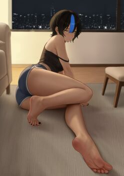 1girl :/ ass bare_legs bare_shoulders barefoot black_camisole black_hair black_nails blue_shorts blue_streaks breasts brown_eyes camisole cityscape commentary couch english_commentary feet foot_focus footstool from_behind hair_between_eyes highres indoors legs looking_at_viewer lying medium_breasts multicolored_hair nail_polish night nihu on_floor on_side original rug shiragi_(nihu) short_hair short_shorts shorts single_hair_streak soles solo strap_slip streaked_hair thighs tiptoes toenail_polish toenails toes window