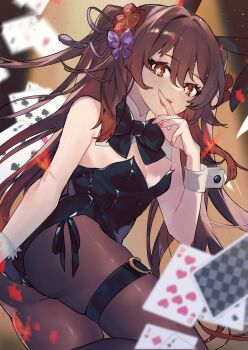 1girl animal_ears bare_shoulders belt black_bow black_bowtie black_leotard black_pantyhose bow bowtie breasts brown_eyes brown_hair card commentary_request detached_collar fake_animal_ears flower flower-shaped_pupils genshin_impact hair_bow hair_flower hair_ornament highres hu_tao_(genshin_impact) leotard looking_at_viewer nail_polish open_mouth pantyhose playboy_bunny playing_card purin_uni rabbit_ears red_nails small_breasts solo strapless strapless_leotard symbol-shaped_pupils thigh_belt thigh_strap twintails wrist_cuffs