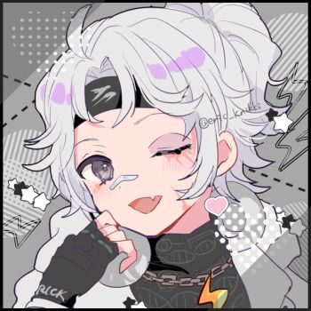 1boy :d ahoge bruise bruised_eye eric_knikki fang fingerless_gloves gloves grey_eyes grey_hair half_updo headband headphones headphones_around_neck identity_v injury looking_at_viewer luca_balsa luca_balsa_(rice) male_focus official_alternate_costume one_eye_closed open_mouth ponytail portrait skin_fang smile solo striped_blush