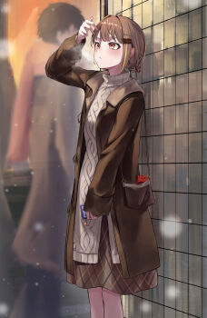 Rule 34 | 1girl, absurdres, bag, blonde hair, blush, brown bag, brown coat, brown eyes, brown hair, brown skirt, cellphone, coat, commentary request, hair ornament, hairclip, highres, holding, holding phone, long sleeves, medium hair, multicolored hair, outdoors, people, phone, sakahana, sendo yuuhi, shoulder bag, skirt, smartphone, snowing, solo, steam, streaked hair, sweater, two-tone hair, virtual youtuber, vspo!