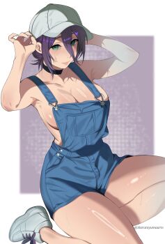 Rule 34 | 1girl, absurdres, baseball cap, black choker, blue overalls, breasts, chainsaw man, choker, cleavage, closed mouth, green eyes, grey hat, grey shoes, hair between eyes, harutoyumaarts, hat, highres, large breasts, naked overalls, overalls, purple hair, reze (chainsaw man), shoes, solo, sweat