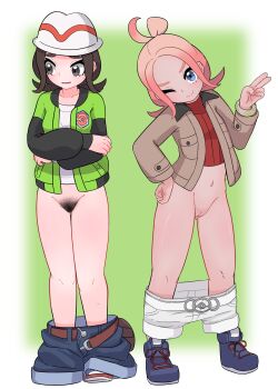 2girls absurdres backpack bag bell-bottoms belt blue_eyes breasts brown_eyes brown_hair brown_jacket clenched_hands clothes_pull collarbone cropped_shirt crossed_arms denim embarrassed eyebrows eyelashes female_focus fingernails flat_chest forehead friends full_body gluteal_fold gradient_background gradient_hair green_background green_jacket groin hand_on_own_hip hand_up happy harmony_(pokemon) hat head_tilt highres jacket jeans knees legs legs_together long_sleeves looking_at_viewer looking_to_the_side matching_hair/eyes medium_hair mega_ring moderate_pubic_hair multicolored_hair multiple_girls navel neck nintendo no_panties one_eye_closed open_belt open_clothes open_jacket orange_hair pants pants_pull parted_bangs parted_lips pigeon-toed pink_hair pokemon pokemon_legends:_z-a porkpie_hat pubic_hair pussy shirt shoes short_shorts shorts sidelocks small_breasts smile sneakers standing taunie_(pokemon) thighs topknot unworn_backpack unworn_bag v white_shirt white_shorts wink yakousei_(zcuh7833)
