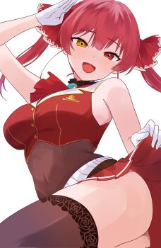 1girl ascot ass clothes_lift commentary heterochromia highres hololive houshou_marine lifting_own_clothes looking_at_viewer mgmgcha0 no_eyepatch no_panties red_ascot red_eyes red_hair salute skirt skirt_lift sleeveless smile thighhighs untranslatable_commentary virtual_youtuber yellow_eyes