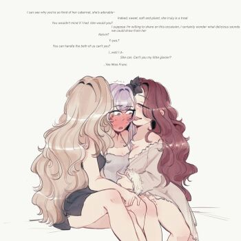 3girls black_camisole blonde_hair blush breast_press breasts cabernet_(path_to_nowhere) camisole chameleon_(path_to_nowhere) cleavage commentary english_commentary english_text girl_sandwich grey_camisole group_sex hand_on_another&#039;s_stomach hand_on_another&#039;s_thigh highres kelvin_(path_to_nowhere) korichi_celeste large_breasts lingerie lipstick_mark lipstick_mark_on_face lipstick_mark_on_neck long_hair looking_at_another medium_breasts multiple_girls off_shoulder open_mouth path_to_nowhere pink_eyes polygamy purple_hair red_hair sandwiched simple_background smile sweatdrop threesome trembling typo underwear white_background yuri