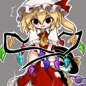 2girls ascot assisted_exposure black_eyes black_hat blonde_hair blush bottomless bow buttons clenched_hand closed_eyes collar convenient_censoring covering_privates cowboy_shot crystal_wings empty_eyes fangs flandre_scarlet frilled_sleeves frills green_hair grey_background hat hat_bow hat_ribbon heripantomorrow komeiji_koishi long_sleeves looking_at_viewer mob_cap motion_lines multiple_girls narrowed_eyes open_mouth pantsing puffy_short_sleeves puffy_sleeves red_bow red_skirt red_vest revenge ribbon shirt shoes short_sleeves side_ponytail skirt skirt_set surprised tearing_clothes third_eye torn_clothes touhou vest white_shirt wide_sleeves wings yellow_ascot yellow_bow yellow_ribbon yellow_shirt