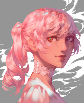 1girl breasts brown_eyes choker closed_mouth commentary dress from_side grey_background hashtag-only_commentary lips looking_at_viewer lydialing_draws medium_hair nose original pink_hair ponytail portrait realistic solo swept_bangs white_choker white_dress