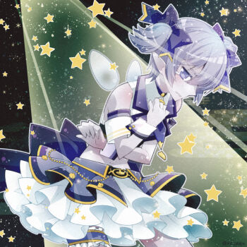 Rule 34 | 1girl, alternate costume, armlet, belt, bow, colored skin, commentary request, covering stomach, cowboy shot, cropped, cropped shirt, dragon quest, dragon quest x, embarrassed, fairy wings, frilled garter belt, frilled skirt, frills, gold trim, hair bow, idol, idol clothes, jewelry, midriff, multicolored skirt, profile, purple bow, purple eyes, purple garter belt, purple hair, purple skin, purple skirt, purple trim, short hair, short twintails, skirt, solo, spotlight, star (symbol), twintails, utsubushi satsuki, white skirt, wings, wrist cuffs, yoi (dq10)