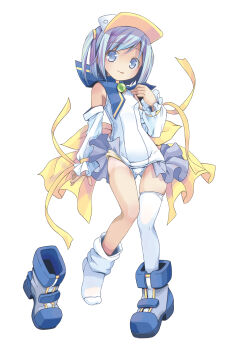 1girl absurdres blue_boots blue_eyes blue_hair boots detached_sleeves full_body gluteal_fold highres loose_thighhigh moetan nijihara_ink one-piece_swimsuit pastel_ink pop_(electromagneticwave) school_swimsuit short_hair showgirl_skirt single_boot smile solo swimsuit thigh_gap thighhighs thighs two_side_up visor_cap white_one-piece_swimsuit white_sleeves white_thighhighs