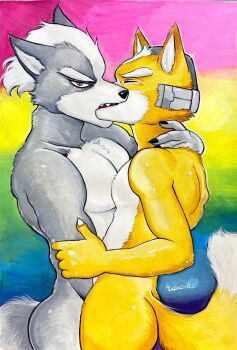 2boys animal_ears artist_name claws closed_eyes facing_another fox_boy fox_ears fox_mccloud french_kiss from_side furry furry_male furry_with_furry highres kiss looking_at_viewer male_focus multiple_boys nintendo nude profile rainbow_background star_fox tail traditional_media ulala_ko wolf_boy wolf_ears wolf_o&#039;donnell wolf_tail yaoi