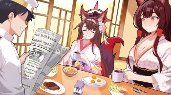 1boy 2girls absurdres akagi_(azur_lane) animal_ears azur_lane blue_archive coffee_mug commander_(azur_lane) commission crossover cup eating egg food fox_ears fox_girl fox_tail halo highres japanese_clothes kashino_(azur_lane) kimono long_sleeves milk mug multiple_girls newspaper second-party_source staznyan table tail trait_connection wakamo_(blue_archive)