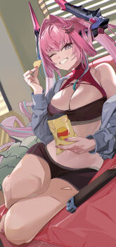 1girl ;o absurdres aqua_hair arknights arknights:_endfield auguste black_horns black_shorts blue_eyes breasts chips_(food) cleavage commentary_request crop_top diamond-shaped_pupils diamond_(shape) food hair_intakes hair_on_horn highres holding holding_food horns indoors large_breasts midriff multicolored_hair navel nintendo_switch_2 one_eye_closed pink_hair pink_horns pointy_ears potato_chips short_shorts shorts solo symbol-shaped_pupils tail thighs two-tone_hair yvonne_(arknights)
