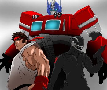 3boys assault_visor autobot black_hair blue_eyes bodysuit boxing_gloves brown_hair crossover dougi fingerless_gloves forked_eyebrows g.i._joe gloves gun headband highres holding holding_weapon insignia karate_gi katana machine machinery male_focus martial_arts_belt mask mecha multiple_boys muscular muscular_male neoomega ninja optimus_prime red_headband robot ryu_(street_fighter) short_hair snake_eyes_(character) street_fighter sword thick_eyebrows transformers weapon