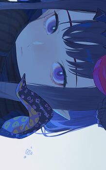 Rule 34 | 1girl, black scarf, blunt bangs, blush, close-up, commentary, english commentary, hair ornament, highres, hololive, hololive english, long hair, looking at viewer, ninomae ina'nis, ninomae ina'nis (new year), official alternate costume, pointy ears, portrait, purple eyes, ryuko lee, scarf, sidelocks, sideways glance, simple background, solo, tentacles, virtual youtuber, white background