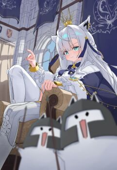 1girl absurdres ahoge animal_ear_piercing animal_ears aqua_eyes braid crown dot_nose fox_ears fox_girl fox_shadow_puppet fubuzilla_(shirakami_fubuki) hashtag-only_commentary highres hololive indoors looking_at_viewer official_alternate_costume selopangji shirakami_fubuki shirakami_fubuki_(fbkingdom) sitting thighhighs virtual_youtuber white_hair white_thighhighs