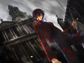 1boy artist_request black_hair building chain church clock clock_tower cloud code_geass dutch_angle highres holding jacket kiira lelouch_vi_britannia male_focus outdoors purple_eyes reference_work short_hair sky solo source_request swept_bangs sword tower tree weapon