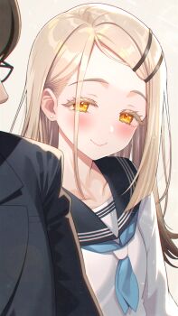 1boy 1girl black_hair black_jacket black_sailor_collar blonde_hair blue_neckerchief blush breasts closed_mouth collarbone colored_eyelashes commentary_request earrings flipped_hair gakuen_idolmaster glasses gradient_hair grey_hair hair_ornament hairclip hatsuboshi_gakuen_school_uniform head_out_of_frame highres idolmaster jacket jewelry long_hair looking_at_viewer multicolored_hair neckerchief orange_eyes out_of_frame parallel_hairclips producer_(idolmaster) sailor_collar sailor_shirt school_uniform shinosawa_hiro shirt shizuru_(daikoukaizidai) small_breasts smile stud_earrings suit_jacket swept_bangs upper_body white_shirt