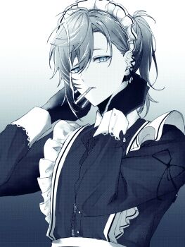 1boy apron arms_up cigarette collared_dress commentary_request crossdressing crossdressing_(mtf) dattodatt10 dress ear_piercing earrings frilled_apron frills gloves greyscale highres jewelry kanae_(19th_costume)_(nijisanji) kanae_(nijisanji) long_hair long_sleeves looking_to_the_side male_focus monochrome nijisanji official_alternate_costume parted_bangs piercing ponytail sleeve_cuffs smoke smoke_trail smoking solo virtual_youtuber