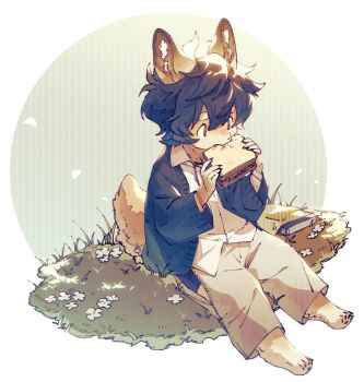 1boy animal_feet black_hair black_sweater body_fur brown_eyes claws commentary digitigrade dog_boy eating flower food fuji_166 full_body furry furry_male grass green_background holding holding_food holding_sandwich male_focus original sandwich sandwiched shirt short_hair solo sweater symbol-only_commentary tail white_flower white_shirt yellow_fur