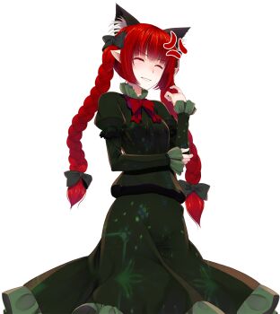 Rule 34 | 1girl, anger vein, animal ear fluff, animal ears, bow, braid, cat ears, cat tail, closed eyes, commentary request, cowboy shot, crote, extra ears, hair bow, hair ornament, highres, juliet sleeves, kaenbyou rin, large variant set, long hair, long sleeves, multiple tails, pointy ears, puffy sleeves, red hair, rock, shirt, simple background, skirt, skirt set, smile, solo, standing, tail, teeth, touhou, transparent background, twin braids, v-shaped eyebrows, variant set