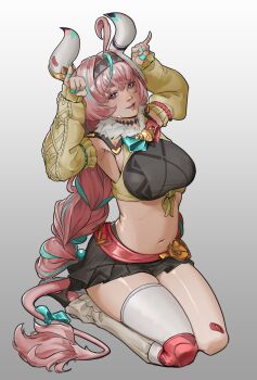 1girl absurdres ahoge aqua_hair aqua_pupils armpits arms_up bandaid bandaid_on_cheek bandaid_on_face bandaid_on_horn bandaid_on_leg black_skirt bow braid breasts commentary_request cow_horns cow_tail crop_top framed_breasts full_body fur_collar genshin_impact gradient_background grey_horns hair_between_eyes hair_intakes hairband highres horn_ornament horns horns_pose jewelry jhzargo knee_pads large_breasts leg_warmers light_smile lips long_hair looking_at_viewer midriff miniskirt multicolored_hair navel neck_tattoo parted_lips pink_hair pinky_out pleated_skirt purple_eyes seiza shoes single_knee_pad sitting skindentation skirt sleeves_past_wrists solo stomach tail tail_bow tail_ornament tattoo twin_braids two-tone_hair varesa_(genshin_impact) very_long_hair yellow_sleeves