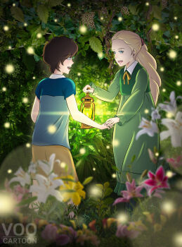 2girls :d absurdres anna_(omoide_no_marnie) blonde_hair blue_eyes blurry bokeh brown_hair calla_lily collar commentary depth_of_field dress english_commentary flower flower_request foliage green_dress green_flower hand_grab highres holding kerosene_lamp lantern leaf lily_(flower) long_dress long_hair long_sleeves looking_at_another marnie_(omoide_no_marnie) multiple_girls omoide_no_marnie open_mouth orange_flower pieris_japonica pink_flower shirt short_hair short_sleeves shorts smile studio_ghibli voocartoon white_collar white_flower white_lily yuri