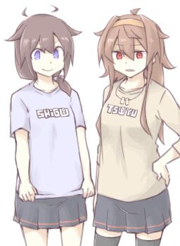 Rule 34 | 2girls, ahoge, akara kai, black hair, black skirt, black thighhighs, blue eyes, braid, brown eyes, brown hair, clothes tug, clothes writing, commentary request, cowboy shot, dog tags, hair flaps, hair over shoulder, hairband, hand on own hip, kantai collection, long hair, multiple girls, orange hairband, red eyes, sharp teeth, shigure (kancolle), shigure kai ni (kancolle), shiratsuyu (kancolle), shiratsuyu kai ni (kancolle), shirt tug, single braid, skirt, teeth, thighhighs