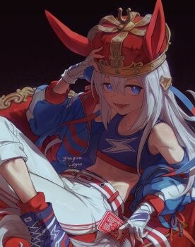 1girl animal_ears belt blue_eyes blue_hairband blue_jacket blue_sports_bra card chair collarbone crop_top crown ear_covers ears_through_headwear fingerless_gloves giragira_egao gloves grey_hair grey_tail hair_between_eyes hairband headband highres holding holding_card horse_ears horse_girl horse_tail jacket lightning_bolt_print lightning_bolt_symbol long_hair long_sleeves lying midriff navel open_mouth pants playing_card red_belt red_headband shirt smile solo sports_bra striped_clothes striped_hairband tail tamamo_cross_(umamusume) tamamo_cross_(with_lightning_speed)_(umamusume) teeth umamusume very_long_hair white_pants