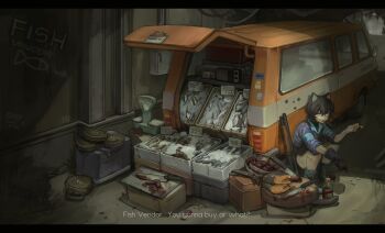 19vodnik 1girl absurdres alley ammunition animal_ears black_hair blood blood_on_face blood_on_gloves boots bottle bullet_hole cat_ears cigarette commentary crt english_commentary english_text explosive fish gloves graffiti gun highres holding holding_cigarette ice knife ks-23 letterboxed mine_(weapon) motor_vehicle open_mouth original pump_action purple_eyes shotgun shotgun_shell single_glove smoking solo squatting subtitled talking van weapon