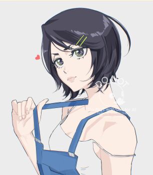 1girl bare_shoulders black_hair bleach blue_overalls bluesky_username breasts camisole cleavage closed_mouth grey_background grey_eyes hair_ornament hairclip highres kuchiki_rukia medium_breasts overalls short_hair solo strap_slip twitter_username upper_body viii_00908 white_camisole