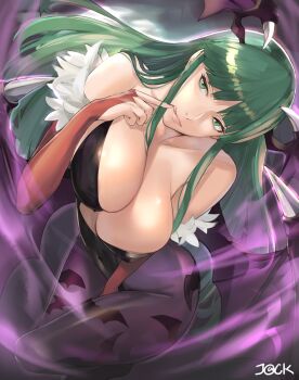 1girl :q animal_print artist_name bare_shoulders bat_print breasts capcom cleavage collarbone darkstalkers female_focus green_eyes green_hair head_wings highres j@ck large_breasts long_hair morrigan_aensland pantyhose purple_pantyhose solo tongue tongue_out wings
